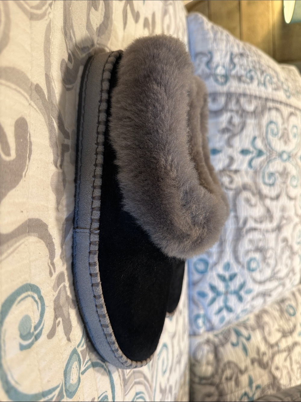 UGG Women’s Black Suede Slippers with Gray Faux Fur Collar - Picture 3 of 7